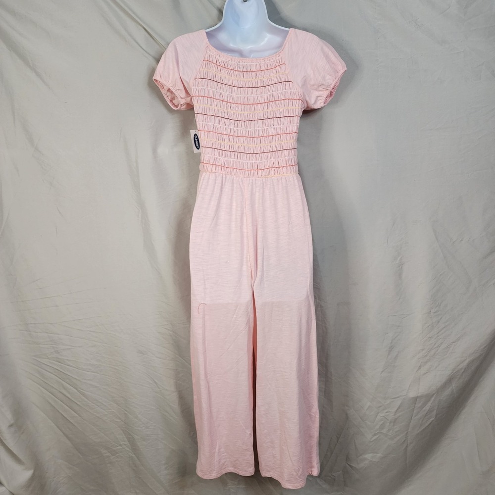 New w/tag! OLD NAVY Size XL Girls' Pink Smocked Wide Leg Puff Sleeve Jumpsuit - Picture 3 of 10